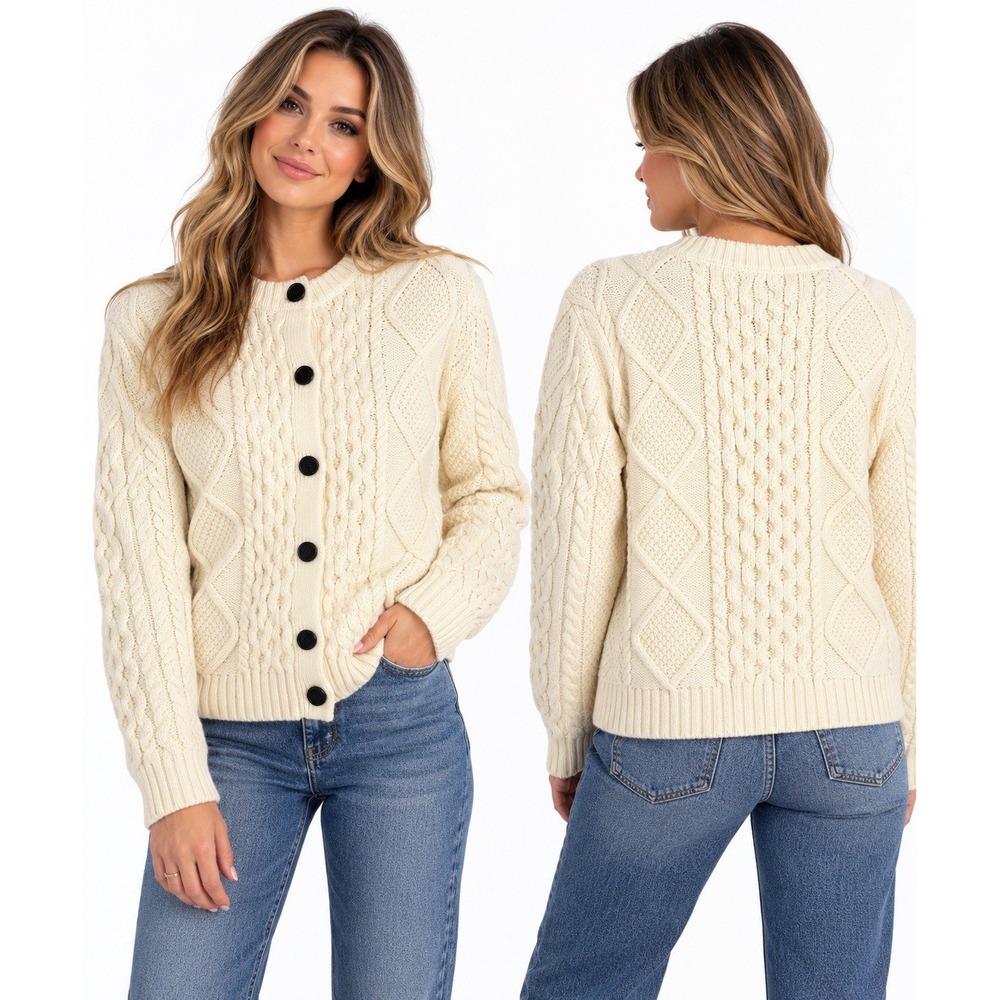 Aritzia Heritage Knit Cardigan Women M 100% Merino Wool Cable Knit Cream